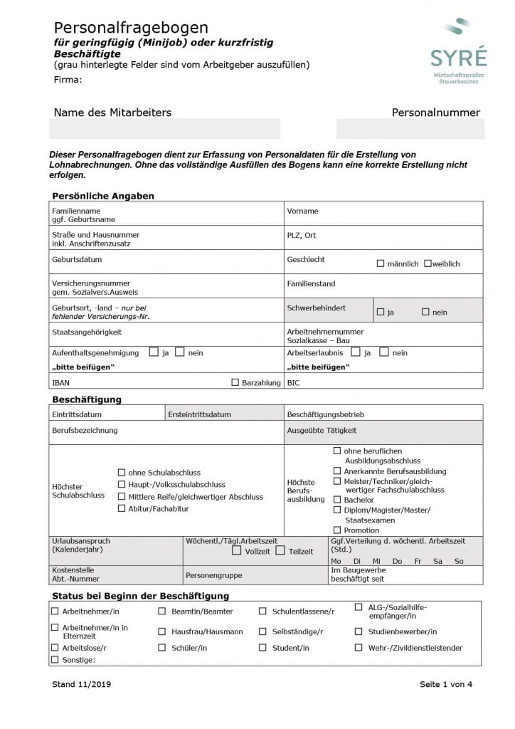 Employee form – marginal and temporary employment