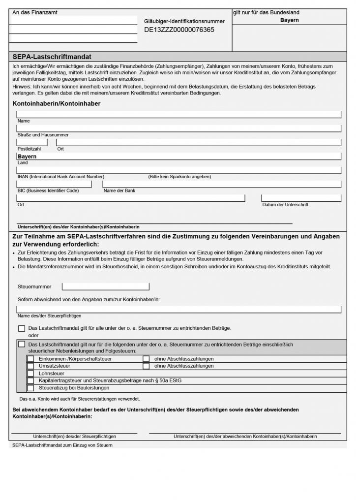Direct debit mandate for Bavaria Tax Office