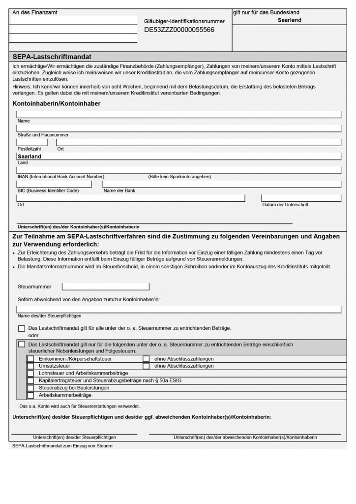 Direct debit mandate for Saarland Tax Office